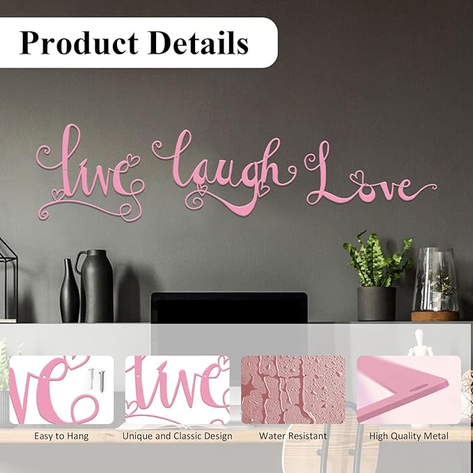 ESTART 3 Pieces Black Metal Letter Sign Decor 'Live Laugh Love' WordArt Wall Art Decor for Home Indoor Outdoor Bedroom Living room Bathroom and Office (Pink)