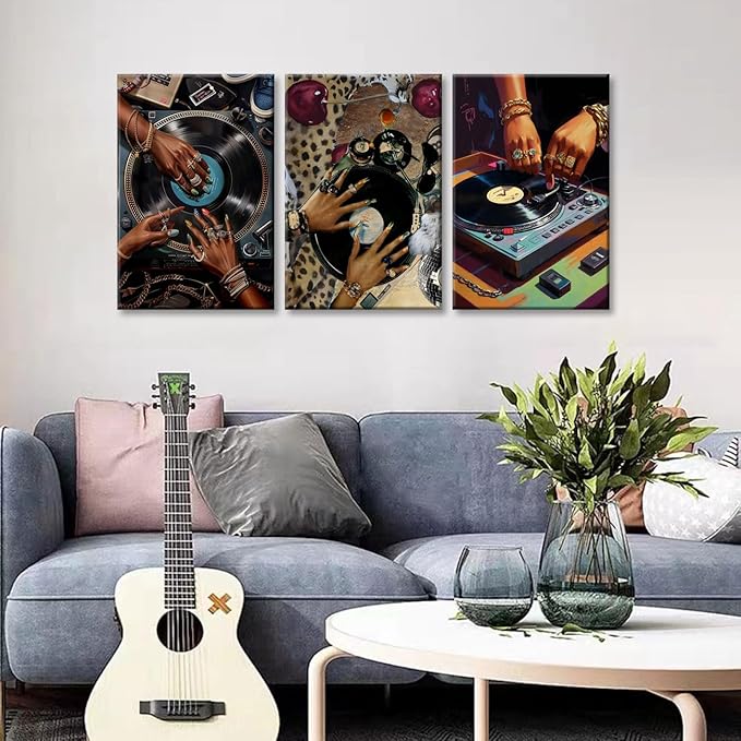 3Pcs Framed Hip-Hop Dj Wall Art Disc Players Canvas Printed Records Bedroom Prints Living Room Galleries Music Studio Posters Vintage Urban Art Aesthetic Decoration