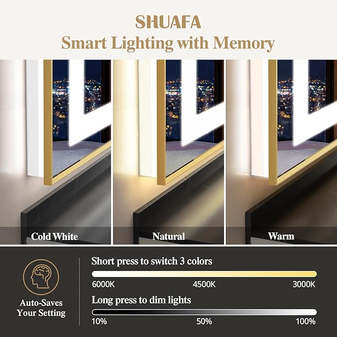28X36 Inch LED Bathroom Mirror with Lights, Gold Frame Frontlit+ Backlit Bathroom Vanity Mirror for Wall, Ultra-Clear Tempered Glass, Shatter-Proof, Anti-Fog and Memory Function, ETL Listed