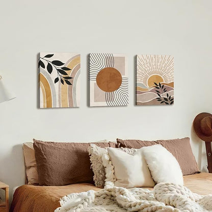 WENGTIAO 3Pcs Boho Orange Desert Canvas Wall Art Colorful Geometric Line Leaf Sun Prints Pictures Paintings Abstract Mid Century Nature Plant Artwork for Living Room Bedroom Office Bathroom 12x16x3
