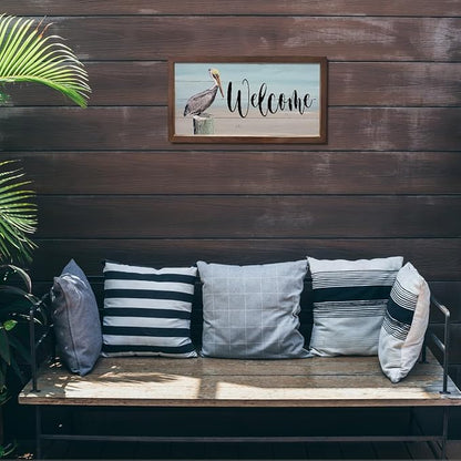 Pelican Welcome Sign, Framed Wood Signs, Welcome Sign for Farmhouse Porch Wall, Front Door Decors for Home, Rustic Hanging Decor, Wooden Framed Wall Decor 15×7.5×0.3 inches