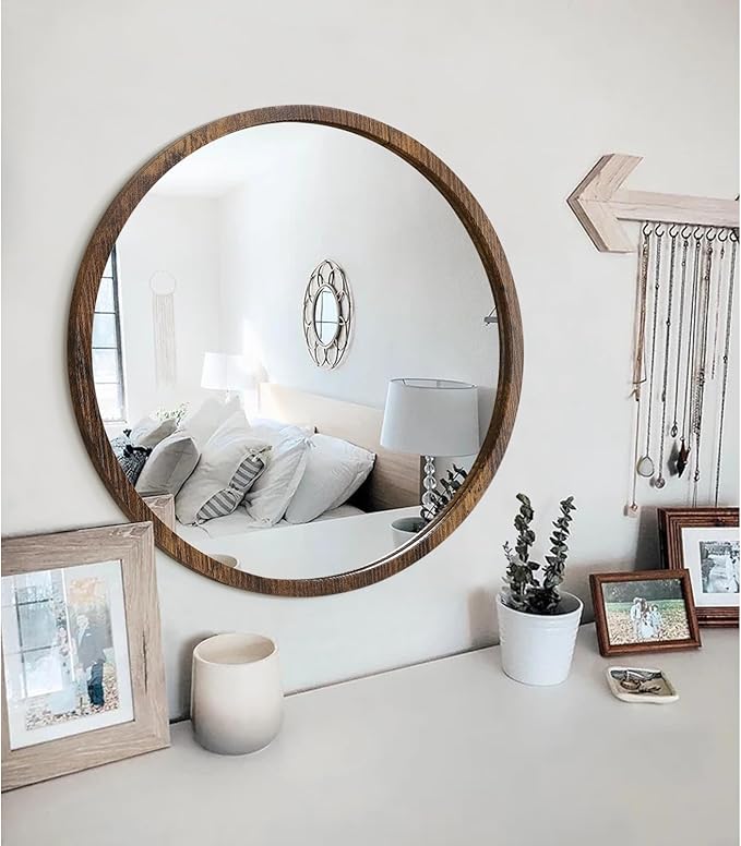 JJUUYOU Round Wall Mirror 16" Hanging Circle Mirror Round Mirrors for The Bathroom Wooden Farmhouse Frame Mirrors for Bedroom Living Room or Entryway Wall Decorative