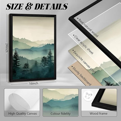 Mountain Wall Art Decor Set of 3 Sage Green Forest Canvas Wall Art Prints Nature Landscape Wall Decor Watercolor Pine Tree Pictures Abstract Modern Painting for Living Room Bedroom 16x24 Inch Framed