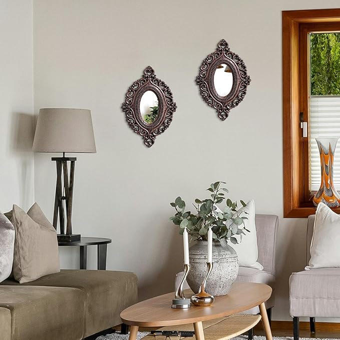 2 Set Oval Wood Carved Wall Mirror Baroque 3D Relief Rustic Home Decor Small Decorative Hanging Mirrors for Living Room, Bedroom Entrance Wall Sculpture