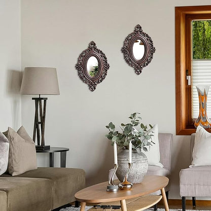 2 Set Oval Wood Carved Wall Mirror Baroque 3D Relief Rustic Home Decor Small Decorative Hanging Mirrors for Living Room, Bedroom Entrance Wall Sculpture