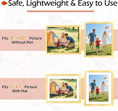 8x10 Picture Frame Set of 2, Gold Photo Frame for Tabletop or Wall Display, Display Pictures 5x7 with Mat or 8x10 Without Mat, Frame Collage with HD Plexiglass for Gallery Wall Home Decor