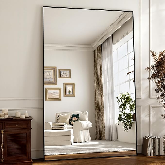 Easly Full Length Mirror with Stand 46"x76" Full Body Mirror Floor Mirror Standing Hanging or Leaning Wall, Wall Mirror with Stand Aluminum Alloy Frame for Living Room Bedroom Cloakroom,Black