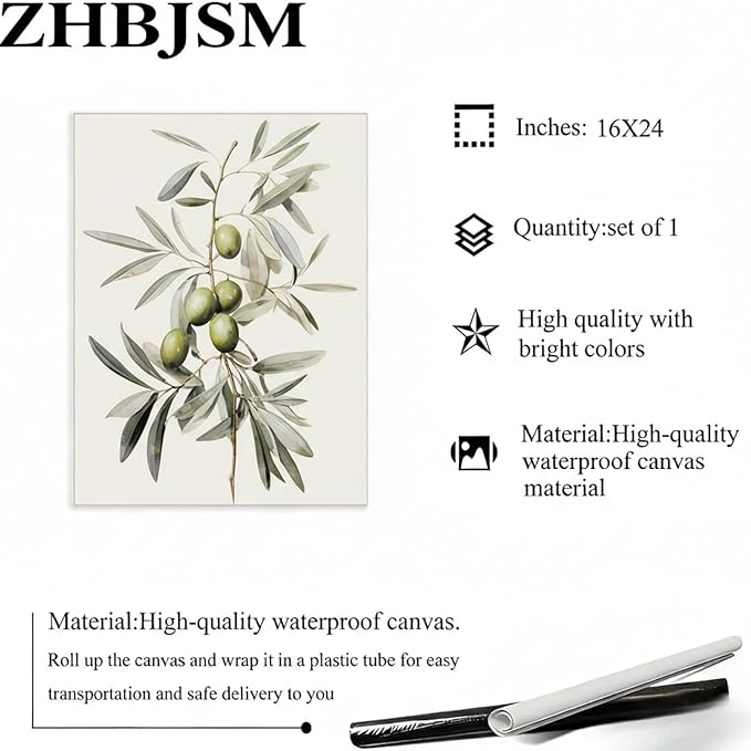 ZHBJSM Olive Branch Wall Art Set of 2 Boho Farmhouse Scandinavian Minimalist Watercolor Olive Branch Clay Vase Earthy Neutral Tone For Home Kitchen Dining Room Living Room 16x24 Inch Unframed