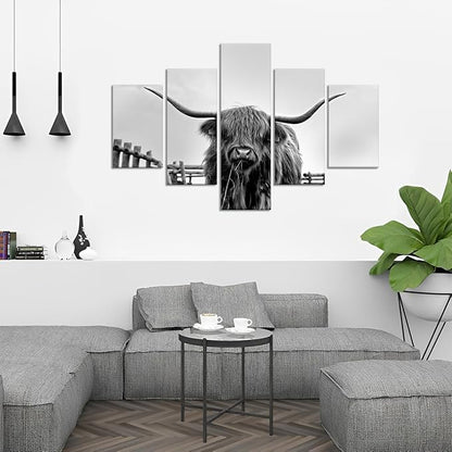 5 Panels Highland Cow Wall Art Farm Cow Pictures Canvas Prints Art Vintage Framed Black and White Animals Posters Wall Decor Artwork Living Room Bedroom Home Office Decoration - 60''W x 40''H