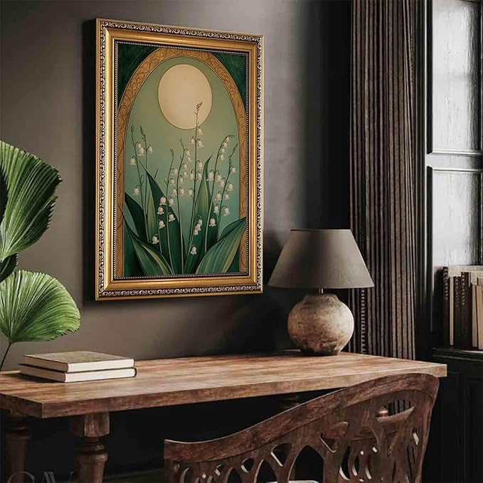 WZGZXU Vintage Gold Framed Wall Art Nouveau Botanical Wall Decor Lily Of The Valley Canvas Art Boho Pictures Floral And Moon Painting Moody Flowers Prints For Living Room Bedroom Bathroom