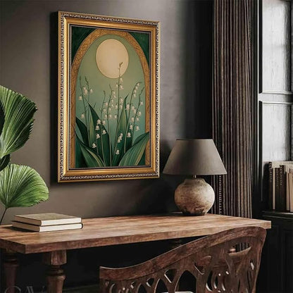 WZGZXU Vintage Gold Framed Wall Art Nouveau Botanical Wall Decor Lily Of The Valley Canvas Art Boho Pictures Floral And Moon Painting Moody Flowers Prints For Living Room Bedroom Bathroom