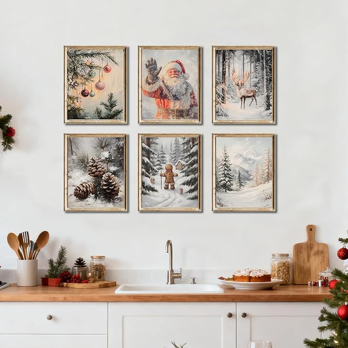 WINDVALE Christmas Wall Art Prints –Vintage Holiday Posters with Santa Claus, Reindeer, Rustic Winter Scene Wall Decor for Living Room, Bedroom, Fireplace & Entryway (8x10 Unframed)