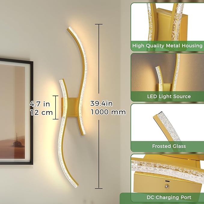 DORESshop Battery Operated Wall Sconces Set of 2, Bubble Acrylic Wireless Rechargeable Wall Lights with Dimming, 3000K-6000K, 8000mAh, Sconce Wall Decor for Living Room, Hallway, Bedroom, Gold, 39in