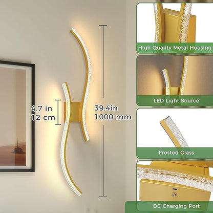 DORESshop Battery Operated Wall Sconces Set of 2, Bubble Acrylic Wireless Rechargeable Wall Lights with Dimming, 3000K-6000K, 8000mAh, Sconce Wall Decor for Living Room, Hallway, Bedroom, Gold, 39in
