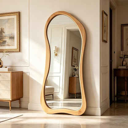 Large Irregular Mirror, 63"x30" Asymmetrical Aesthetic Mirrors with Solid Wood Frame, Premium Organic Shape Floor Mirror for Living Room Entryway Hallway Bedroom Cloakroom, Leaning/Hanging