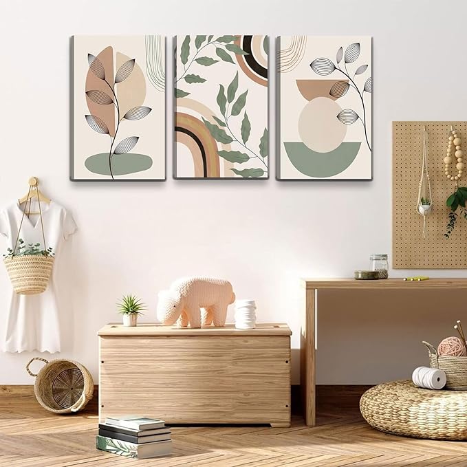3 pcs Framed Boho Canvas Wall Art Green Sage Botanical Painting Wall Decor Pictures Mid Century Modern Minimalist poster print for Living Room Bedroom Bathroom Home Decoration