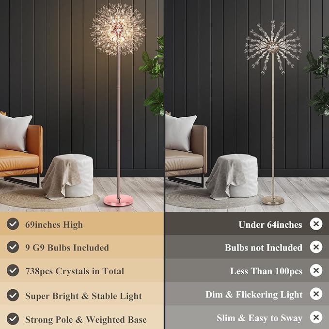 BesLowe 69'' Crystal Floor Lamp for Living Room, Modern Standing Lamp with 738PCS K9 Crystals, Tall Lamp Pole Light for Bedroom Office, Mid Century Floor Lighting with 9 LED Bulbs, Rose Gold