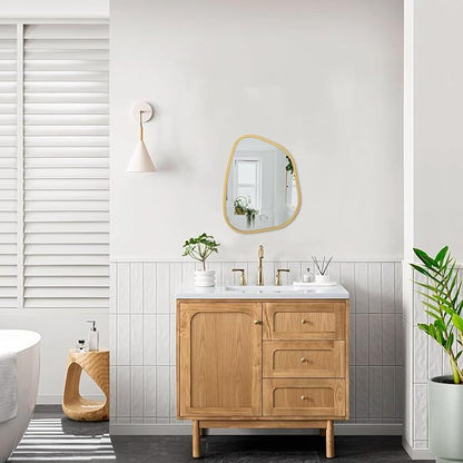 Asymmetrical Accent Mirror for Wall Irregular Oval Wood Frame Modern Unique Wall Mirror Decorative Vanity Bathroom Living Room Bedroom Entryway Hallway Artistic Mirror Small Gold 14"x10"