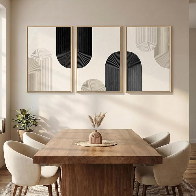 Large Framed Boho Neutral Abstract Wall Art for Living Room, 3 Piece Black and Beige Canvas Prints Artwork for Walls, Modern Minimalist Boho Geometric Wall Art Decor for Hallway Dining Room, 24x36 In