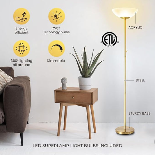 Modern Floor Superlamp 10000 Lumen - LED 75W, Dimmable 5 Changing Color, 85 CRI All Around Light, Tall Corner Standing Lamp with Cement Base and Acrylic Shade, Glare Free UpLight Kit Ready - Silver