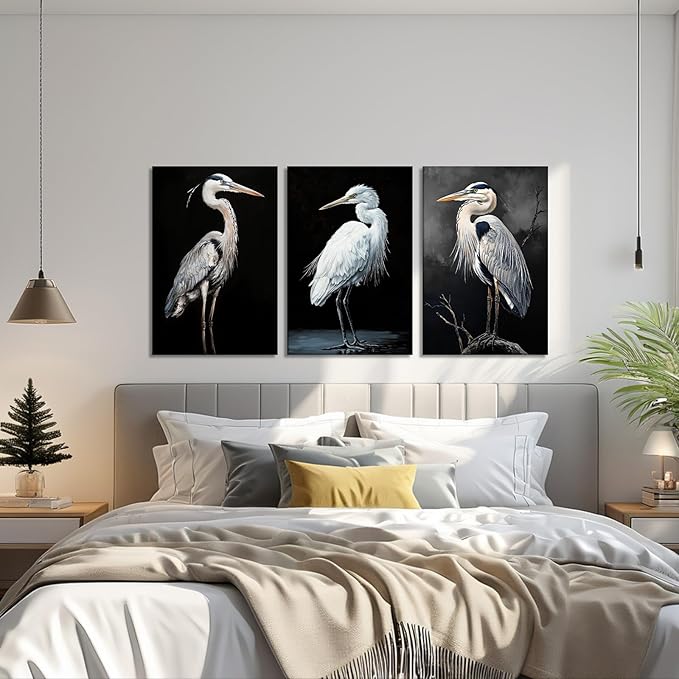 3 Pcs Heron Canvas Wall Art - Birds Picture Wall Decor Framed Black and White Painting Prints Animal Art for Living Room Home Office Ready to Hang(Art-1,12.00"x16.00"x3P)