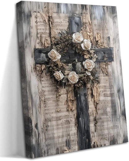 Vintage Cross Christian Wall Art, White Rose Wreath Canvas Paintings Prints Posters Wall Decor, Retro Religious Music Score Church Decor Suitable for Study Prayer Room 12x16 in Framed