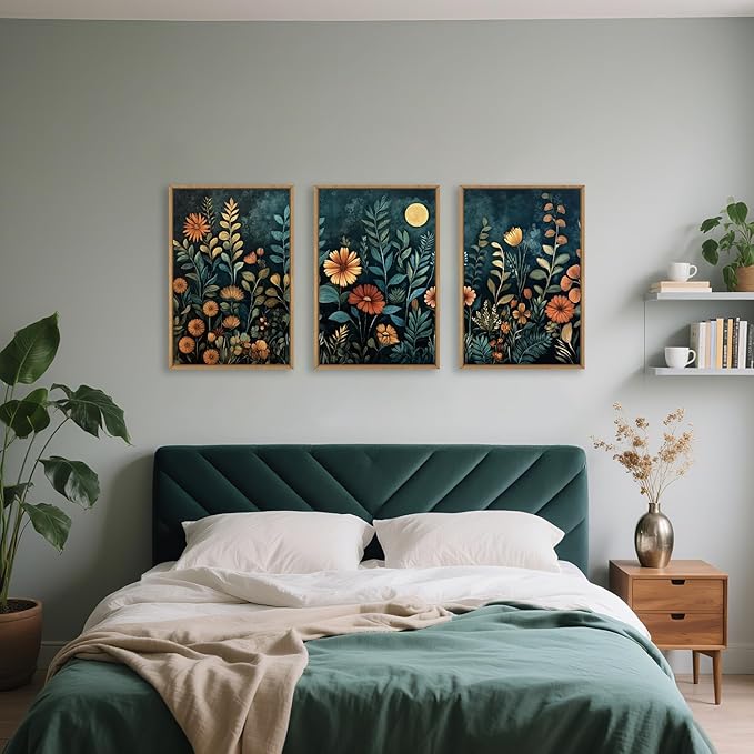Vintage Dark Botanical Framed Canvas Wall Art Set, Colorful Floral Wall Decor, Nature Wildflower Wall Painting, Colorful Blossom Art Prints for Living Room, Bedroom, Office - 24"X36"X3