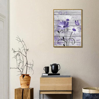HVEST Farmhouse Purple Floral Framed Wall Art for Living Room, Daisy Butterfly on Rustic Wood Wall Art Nature Plant Flower Pictures for Bathroom Bedroom Office Apartment Decor, 17L X 12W inches