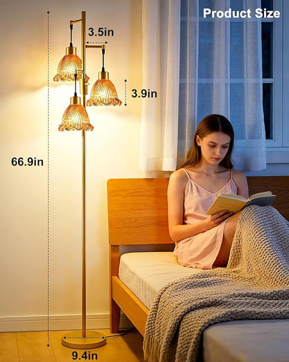 3-Light Modern Glass Floor Lamp, Gold Standing Tall Lamp with Deep Red Lily Glass Shade for Reading, Dimmable LED Floor Lamp with 5Lbs Heavy Base for Living Room Bedroom Home Decor, Bulb Included
