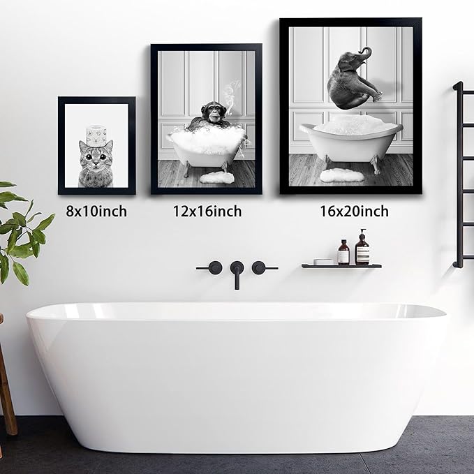 Funny Giraffe Poster - Funny Bathroom Wall Art Decor, Waterproof Black and White Quality Canvas Wall Art Pictures, Wood Framed Bathing Animals Abstract Prints for Bedroom Kids Room
