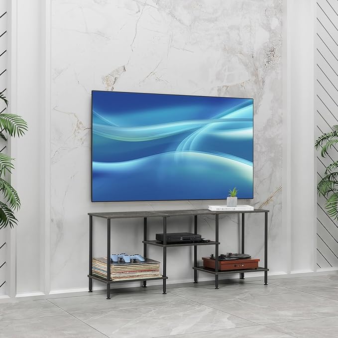 50 Inch TV Stand for Bedroom Dark Grey Entertainment Center with Storage 3 Tier TV Consoles for Living Room TV Media Console Table Cabinet with Open Storage Shelves for 50 43 40 32 Inch TV
