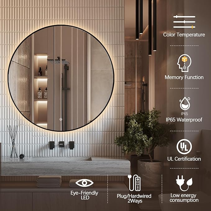 Niccy 48" LED Backlit Round Mirror for Bathroom, Black Framed Vanity Light Wall Mirror, LED Smart Circle Mirrors with 3 Lighting Colors, Round Lighted Mirror with Anti-Fog, IP65 Waterproof