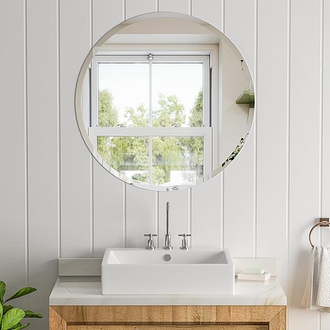 Round Bathroom Mirror, 24 inch Round Frameless Mirror,Frameless Bathroom Mirror, Suitable for Bathroom, Hall, Entry, Modern and Elegant Look (24inch)