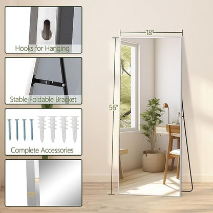 MELOMOIR 56"x18" Full Length Mirror, Silver Floor Mirror with Stand or Wall Mount, Aluminum Alloy Frame Full Body Mirror for Bedroom, Living Room, Cloakroom, Hallway