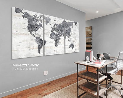 Wall Decor Living Room Office Wall Art Modern Gray Framed World Map Pin Board Travel Maps Inspirational Canvas Artwork for Bedroom Dining Room Kitchen Oversized