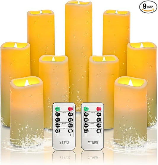 YIWER Waterproof Flameless Candles, Outdoor Battery Operated LED Pillars Candles, Electric Fake Candle Set of 9 with Remotes, Halloween, Christmas Decorations