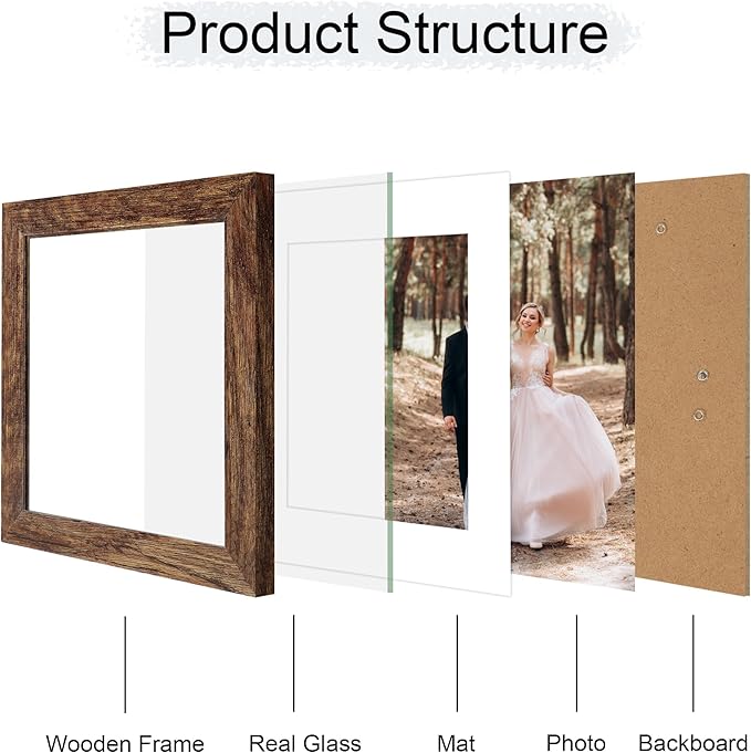 iRahmen 8x8 Picture Frame with Mat 6x6 - High Definition Real Glass Wooden Photo Frames for Tabletop Display and Wall Mounting (Brown, Set of 2)