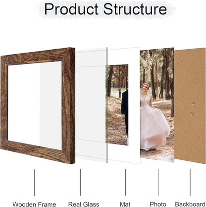iRahmen 8x8 Picture Frame with Mat 6x6 - High Definition Real Glass Wooden Photo Frames for Tabletop Display and Wall Mounting (Brown, Set of 2)