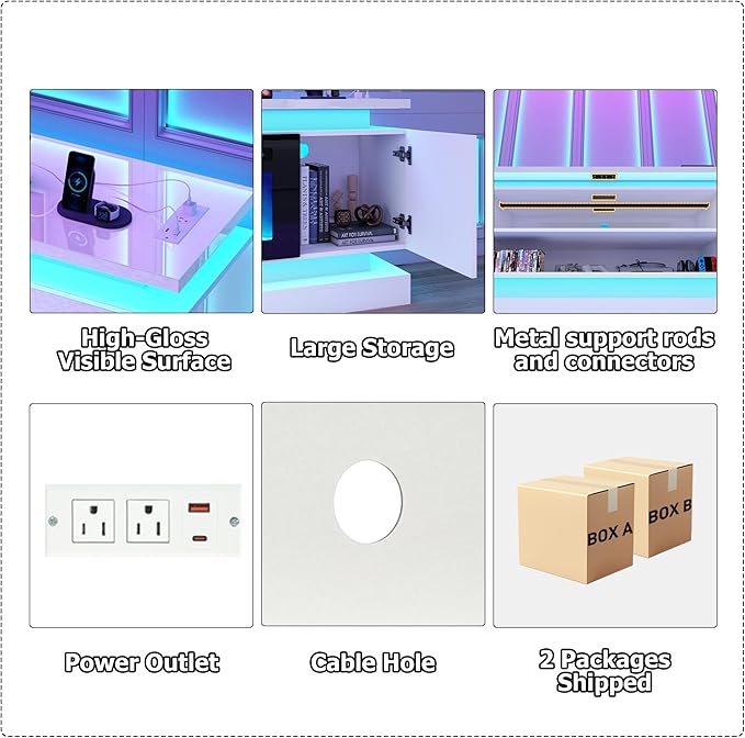 chartustriable 81IN LED TV Stands w/50 inch Fireplace Power Outlet for 90/85/80/75 Inch TVs,High Glossy Tall Modern TV Media Console Gaming with 2 Storage Cabinets,Dual LED Lights,White