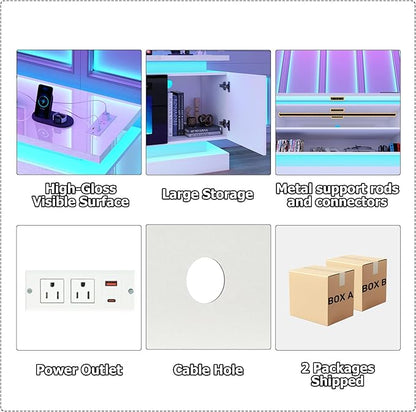 chartustriable 81IN LED TV Stands w/50 inch Fireplace Power Outlet for 90/85/80/75 Inch TVs,High Glossy Tall Modern TV Media Console Gaming with 2 Storage Cabinets,Dual LED Lights,White