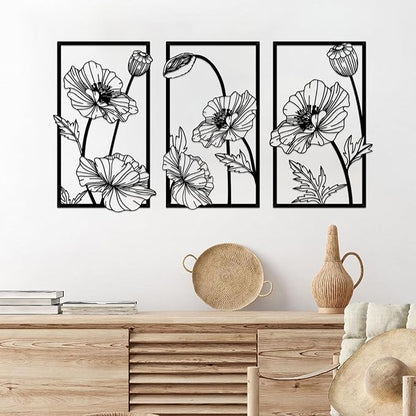 Resama 3 Pcs Black Metal Flowers Wall Decor, Minimalist Abstract Wall Art Modern Floral Line Wall Sculpture Hanging for Bedroom Bathroom Kitchen