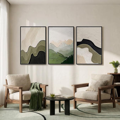 Framed Green Abstract Wall Art for Living Room, 3 Piece Large Neutral Black and Beige Artwork for Walls, Modern Minimalist Abstract Canvas Prints Paintings for Bedroom Home Office Wall Decor, 24x36 In