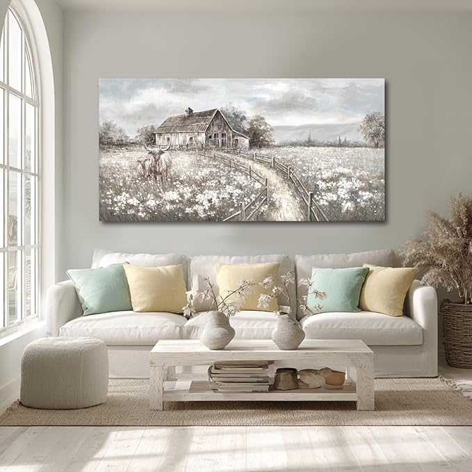 Neutral Greige Highland Cow Canvas Wall Art, Rustic Country Cottage Landscape with Meadow Flowers, Large Horizontal Framed Canvas, Ready to Hang for Living Room/Bedroom, 29x58 Inches