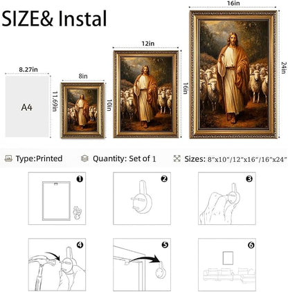 WZGZXU Vintage Gold Framed Wall Art Jesus Wall Decor Christian Canvas Art Jesus Sheep Pictures Religious Painting Print For Living Room Bedroom Church 12X16in
