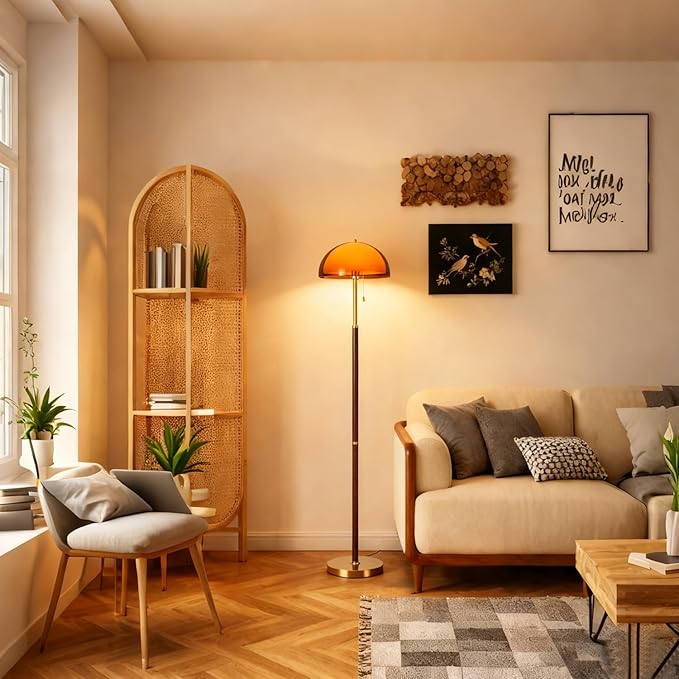 Tea Brown Dome Acrylic Shade Floor Lamp with Pull Chain,Mushroom Standing Lamp with Golden Base,Mid Century Modern Floor Light for Living Room Bedroom and Office