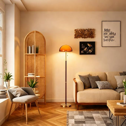 Tea Brown Dome Acrylic Shade Floor Lamp with Pull Chain,Mushroom Standing Lamp with Golden Base,Mid Century Modern Floor Light for Living Room Bedroom and Office