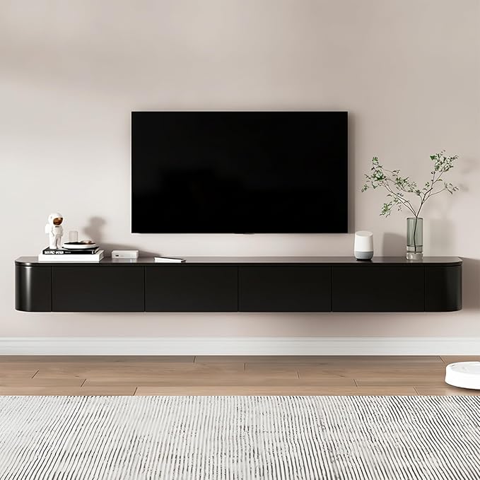 Floating TV Stand 79 Inch Wall Mounted TV Cabinet with LED Light Strip, TV Media Console with Flip-Down Door & Drawers for Living Room (Black, Light Strip 78.7")