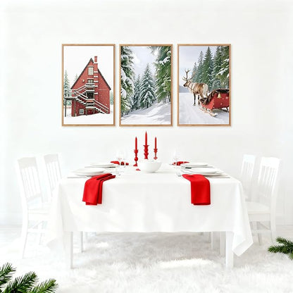 CHDITB Christmas Framed Canvas Wall Art(16"x24"), 3 Panels Farmhouse Winter Snow Forest Landscape Artwork Prints, Large Rustic Reindeer Sleigh Cabin Cottage Decor for Home Office Bedroom