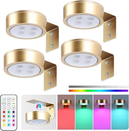 4-Pack Picture Light Battery Operated Painting Lights, 13 Color RGB Magnetic LED Display Art Light with Remote, Dimmable and Timer Portrait Light for Art Frame Artworking, Wall Decor Puck Light, Gold