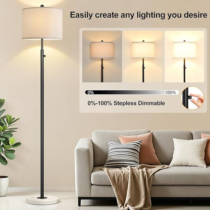 Nintiue Dimmable Floor Lamp for Living Room, 11W LED Bulb Included, Modern Standing Lamp with Marble Base, Tall Pole Light with White Linen Shade for Bedroom Reading Office Corner Nursery-Black